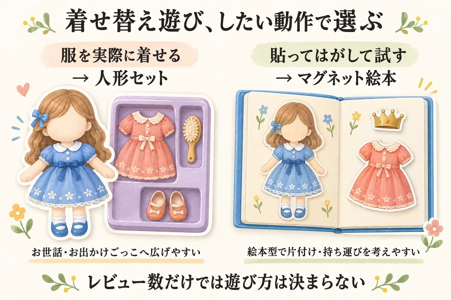 着せ替え遊びをしたい動作で選ぶ図。服を実際に人形へ着せる場合は人形セットを選び、お世話やお出かけごっこへ広げやすいこと、服や小物を貼ってはがして試す場合はマグネット絵本を選び、絵本型で片付けや持ち運びを考えやすいことを示している。レビュー数だけでは遊び方は決まらないことを伝える。出典：本文で整理した商品説明