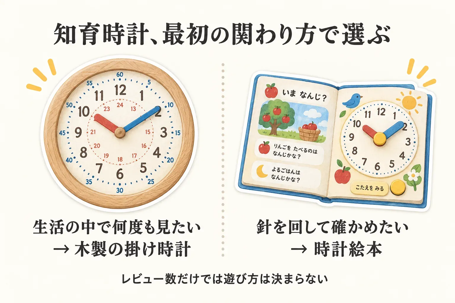 知育時計を最初の関わり方で選ぶ図。生活の中で何度も時計を見たい場合は、分の数字や色分けされた針がある木製の掛け時計を選び、針を回して時刻を確かめたい場合は時計絵本を選ぶ流れを示している。レビュー数だけでは遊び方は決まらないことを伝える。出典：本文で整理した商品説明