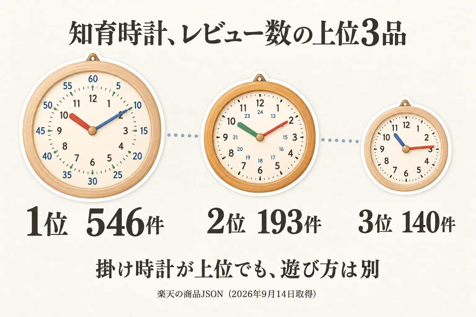 知育時計のレビュー数上位3品を示す図。1位は546件、2位は193件、3位は140件で、いずれも木製フレームの掛け時計として描かれている。掛け時計が上位でも、時計絵本・教材とは遊び方が別であることを示す。出典：楽天の商品JSON（2026年9月14日取得）