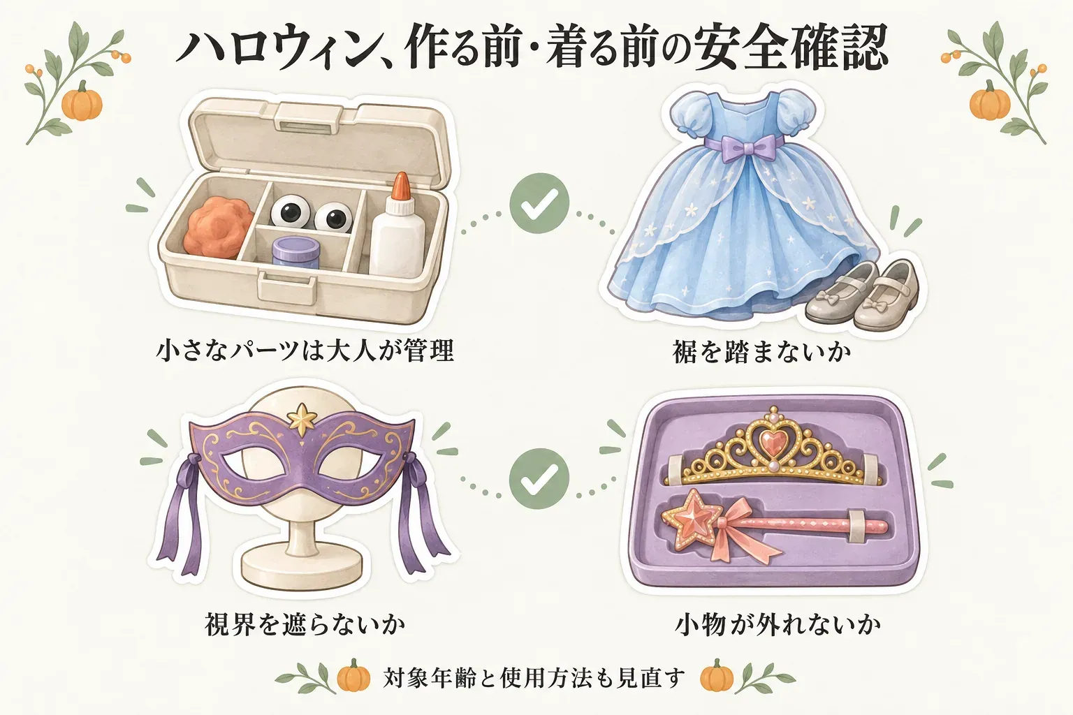ハロウィンで作る前・着る前の安全確認を示す図。小さなパーツは大人が管理すること、衣装の裾を踏まないこと、マスクなどで視界を遮らないこと、小物が外れないこと、対象年齢と使用方法を見直すことを描いている。出典：本文および消費者庁のハロウィン安全情報。