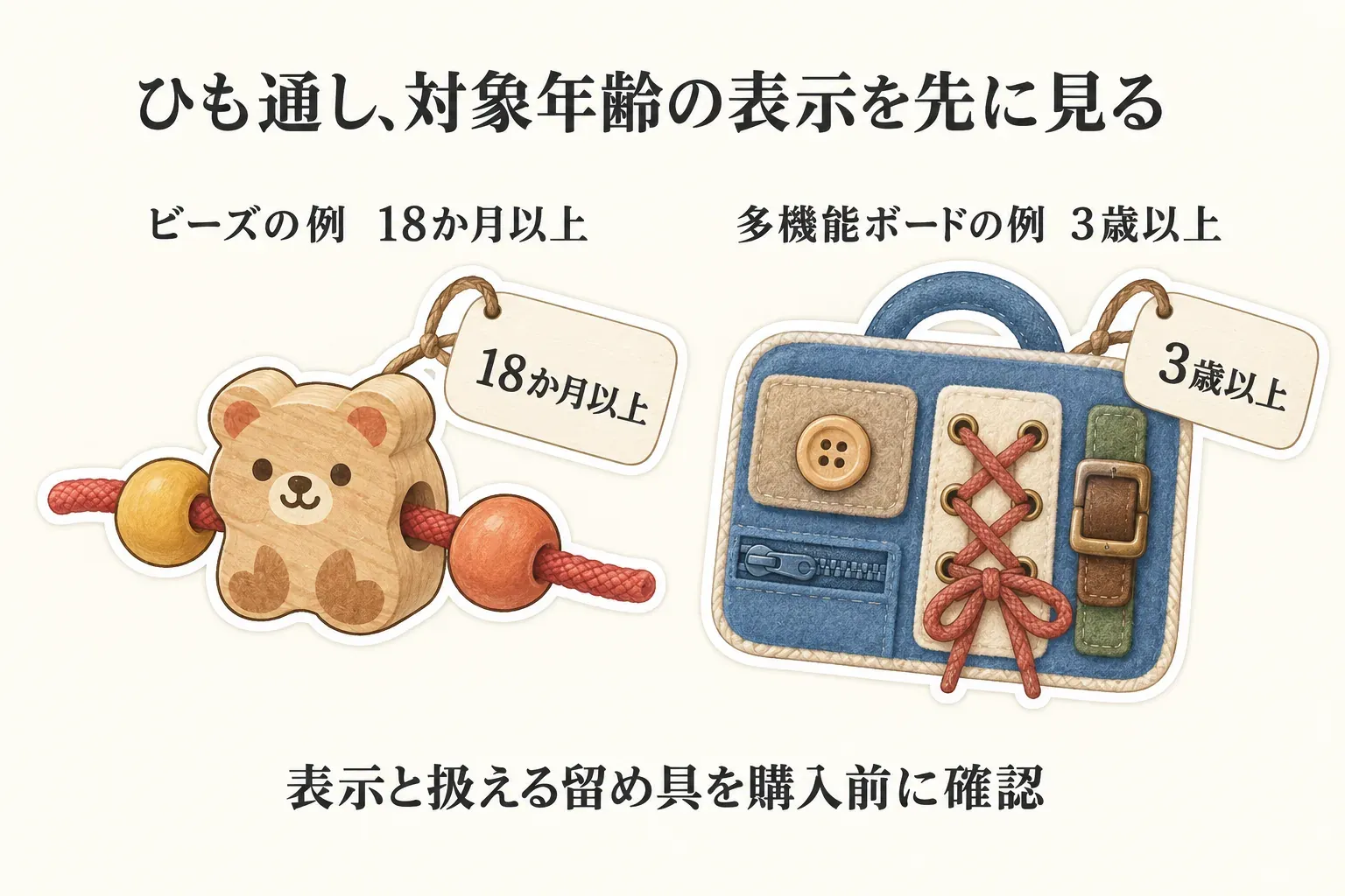 ひも通し玩具で対象年齢の表示を先に確認する図。ビーズの例は18か月以上、多機能ボードの例は3歳以上と示し、購入前に年齢表示と扱える留め具を確認するよう案内している。出典：本文で整理した商品説明