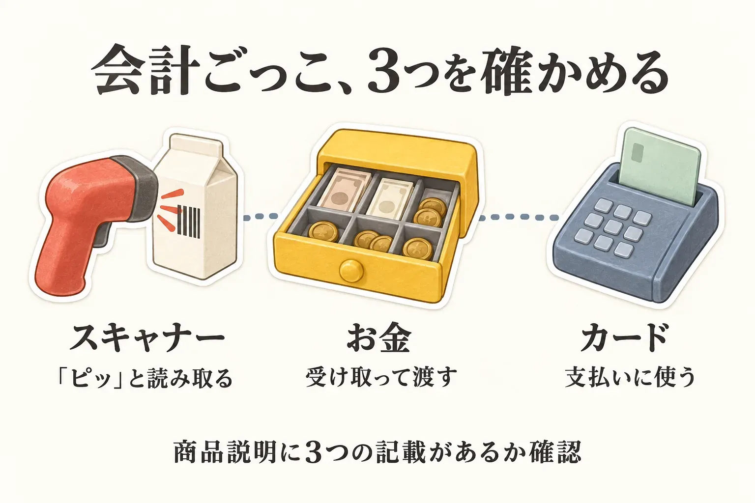 レジスターおもちゃを会計ごっこで選ぶ3つの確認点を示す図。品物をピッと読むスキャナー、お金を渡して受け取るレジの引き出し、支払い方法を選ぶカードを並べ、商品説明にこの3点の記載があるか確認するよう示している。出典：本文で整理した商品説明