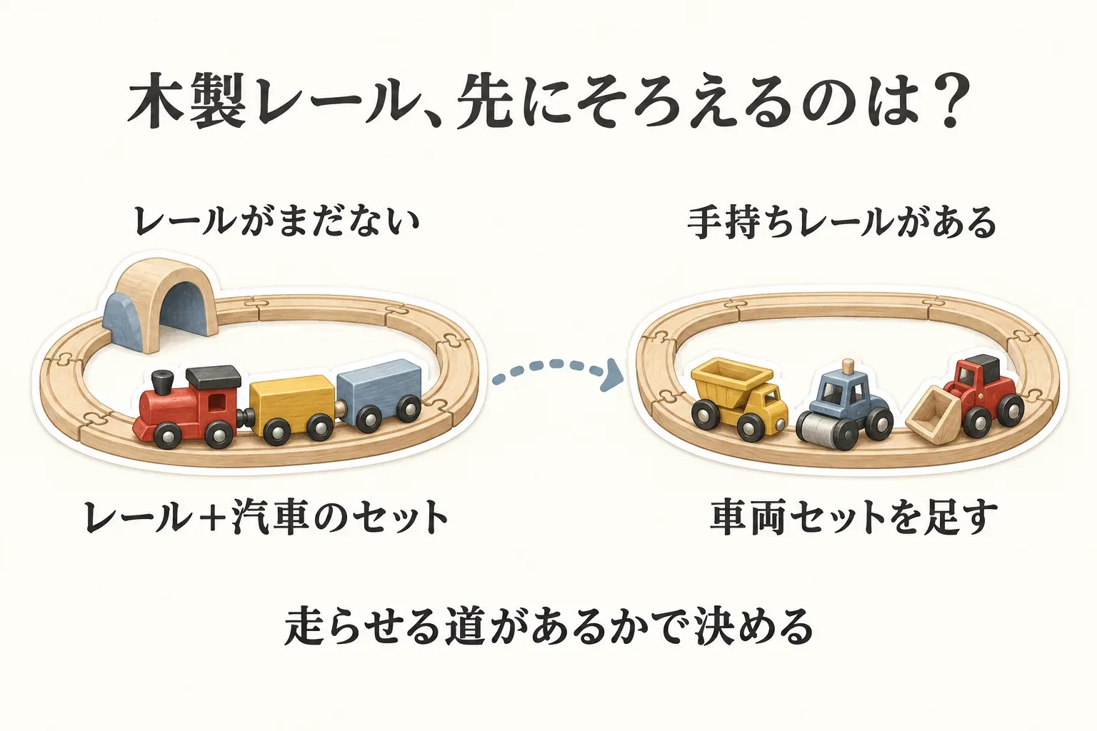 木製レールで先にそろえるものを示す図。レールがまだない場合はレールと汽車のセット、手持ちレールがある場合は車両セットを足す、走らせる道の有無で決める流れを描いている。出典：本文で整理した商品説明