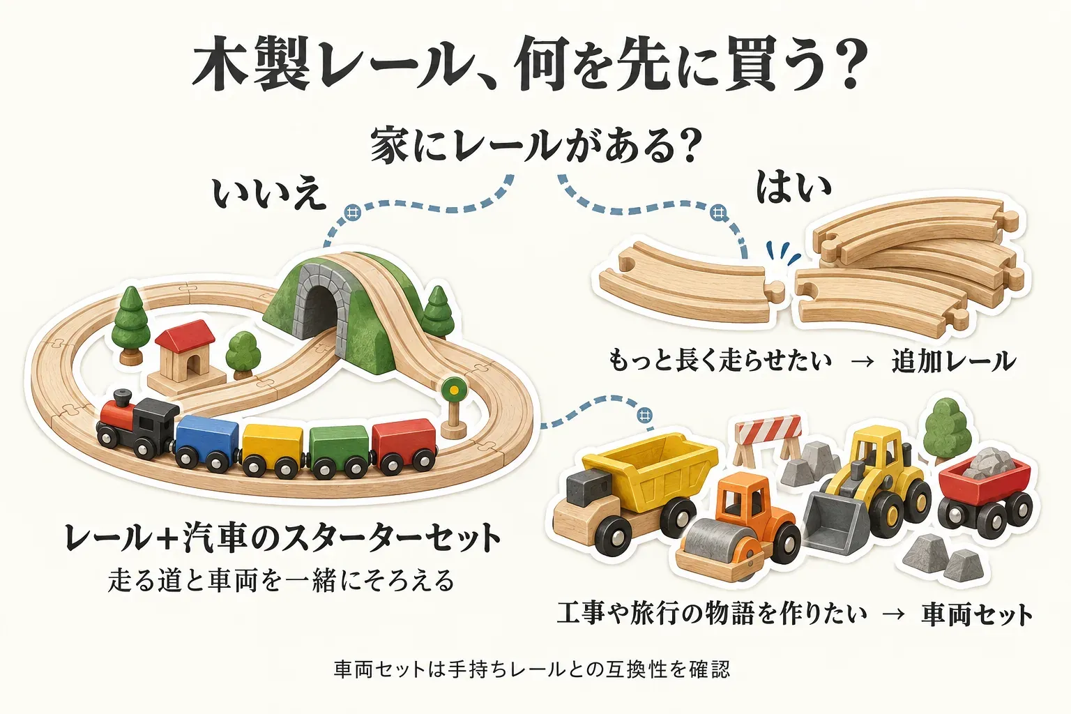木製レールで何を先に買うかを示す分岐図。家にレールがない場合はレールと汽車のスターターセット、レールがある場合は長く走らせたいなら追加レール、工事や旅行の物語を作りたいなら車両セットを選び、手持ちレールとの互換性を確認する流れを描いている。出典：本文で整理した商品説明