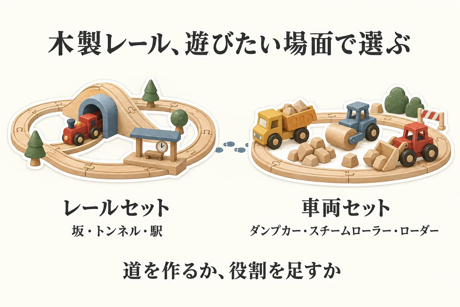 木製レールを遊びたい場面で選ぶ図。坂・トンネル・駅のあるレールセットで道を作る場面と、ダンプカー、スチームローラー、ローダーの車両セットで工事現場の役割を足す場面を並べ、道を作るか役割を足すかで選ぶことを示している。出典：本文で整理した商品説明